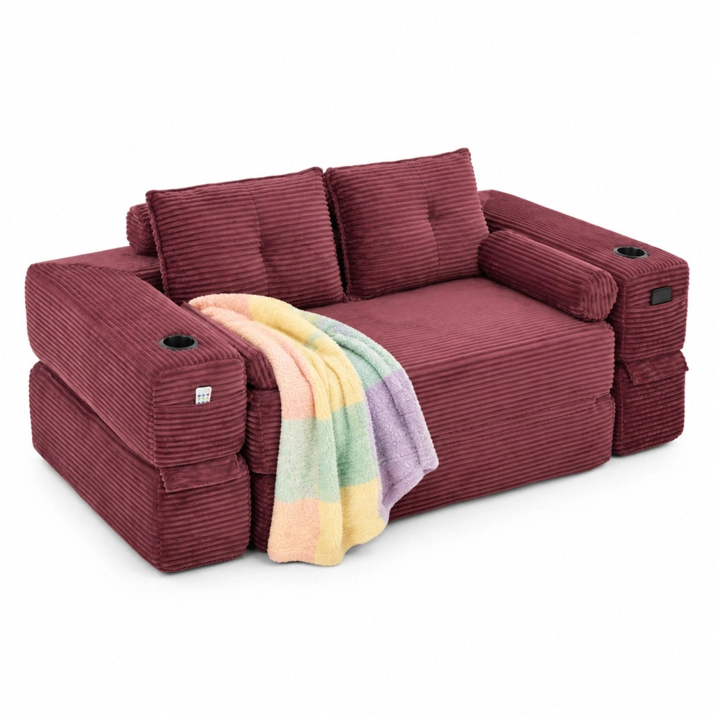 Divano letto in velluto a coste rosso vino 180 cm con portabicchieri