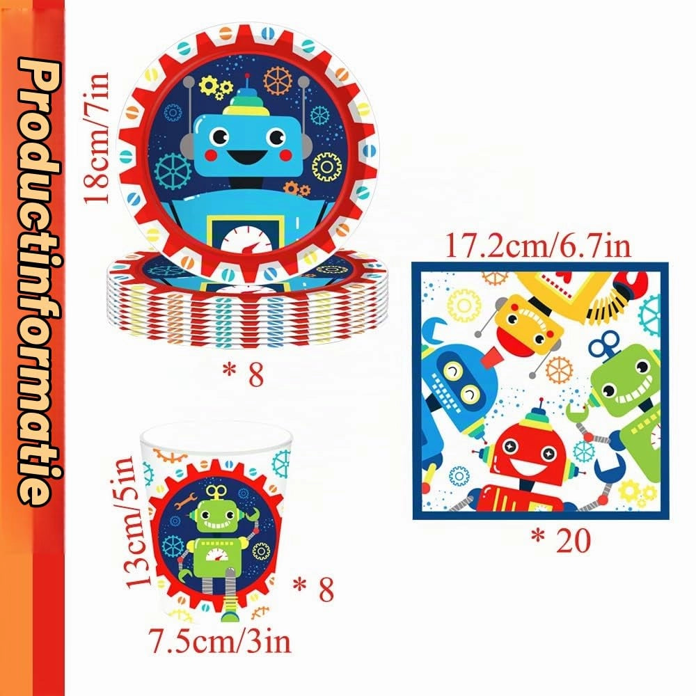 Set di stoviglie per feste a tema robot, composto da 36 pezzi: piatti di carta, bicchieri e tovaglioli, per 8 persone