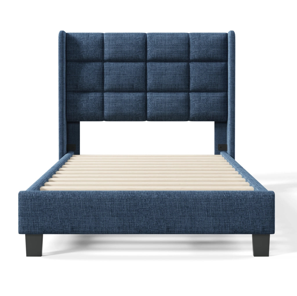 Letto Singolo Moderno con Testiera Imbottita, Rete a Doghe 90x200 cm, Tessuto Blu Lino, Montaggio Incluso, Senza Materasso
