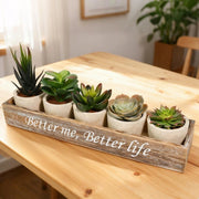 Set di 5 piante artificiali con vassoio in legno, colore verde, dimensioni 33x8,3 cm