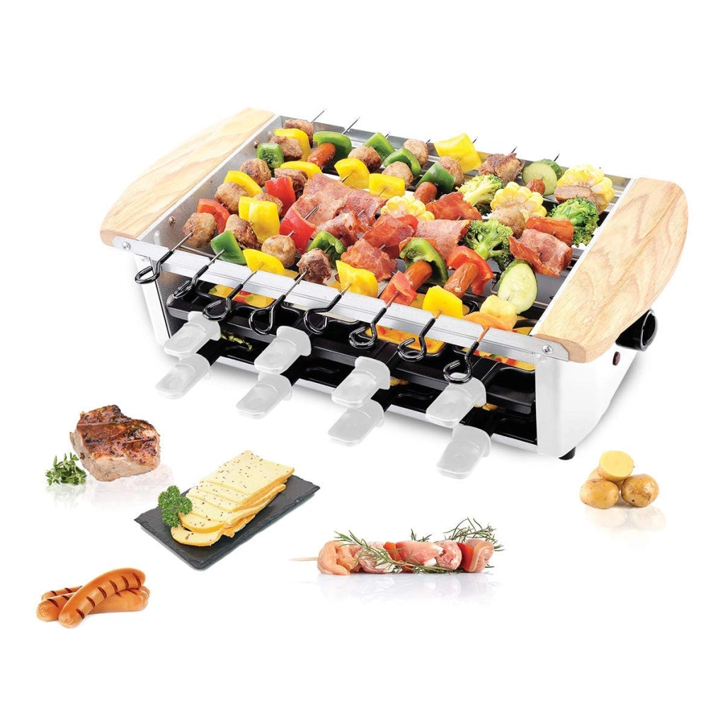 Grill per raclette elettrico con 8 padelline, 1200 W, manici in legno, classico