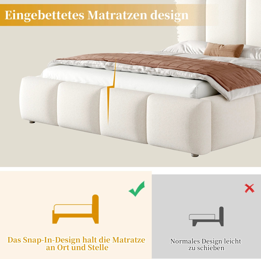 Letto matrimoniale 160 x 200 cm in bouclé bianco con contenitore e rete a doghe