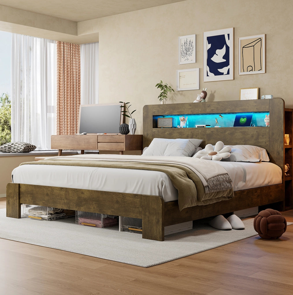 Letto matrimoniale multifunzione 180x200 cm in legno, con testiera contenitore, LED e prese