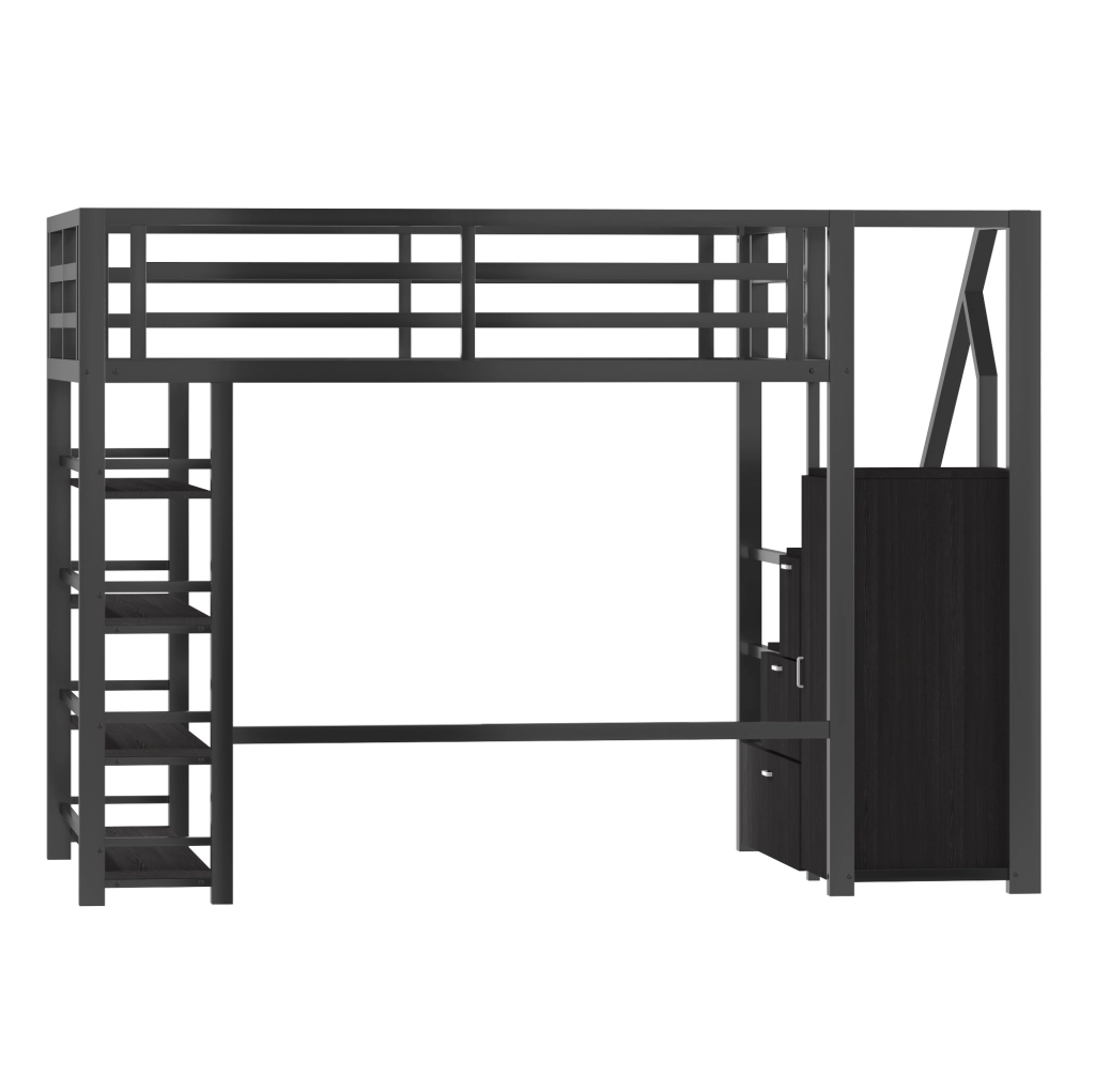 Letto a castello in metallo 140x200 con armadio integrato, ripiani, illuminazione LED e scala contenitore, nero