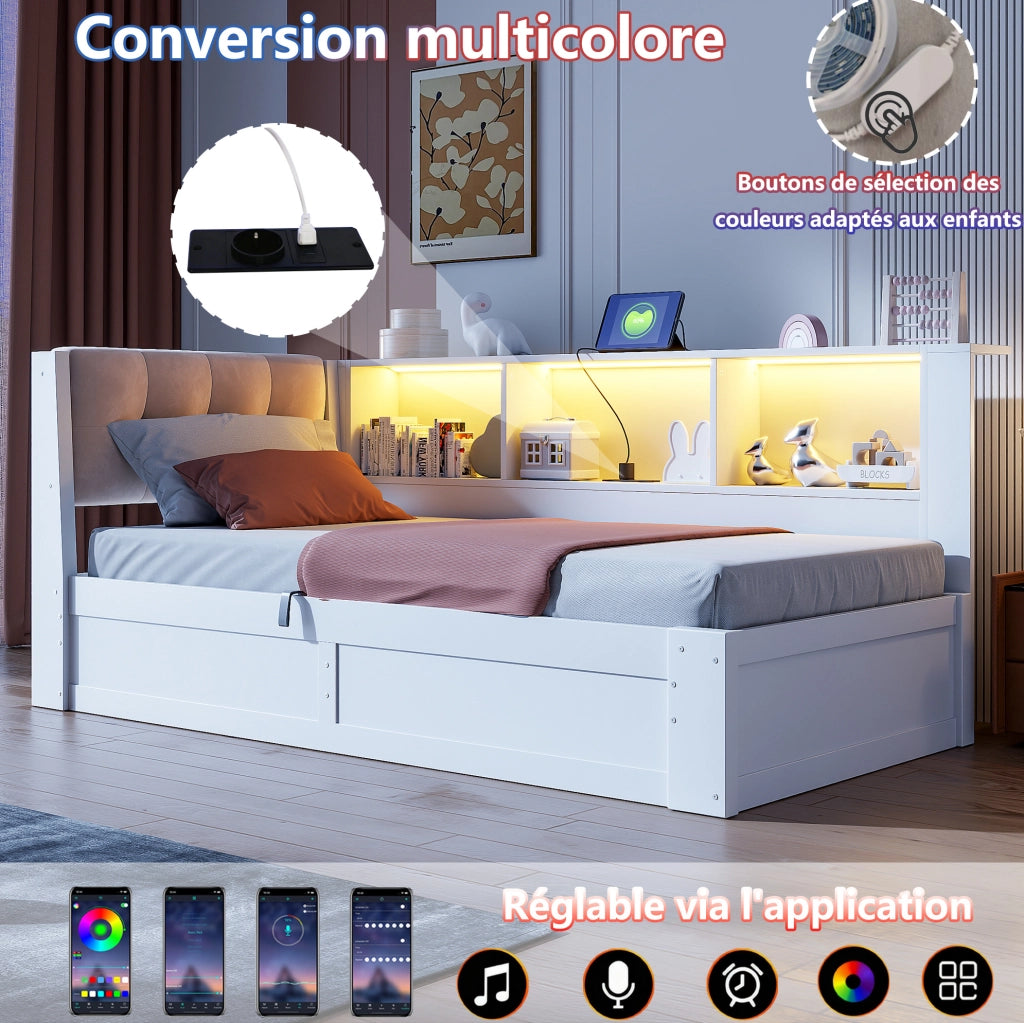 Letto singolo 90x200 cm in pino bianco con contenitore idraulico, LED regolabile, USB e scaffali laterali