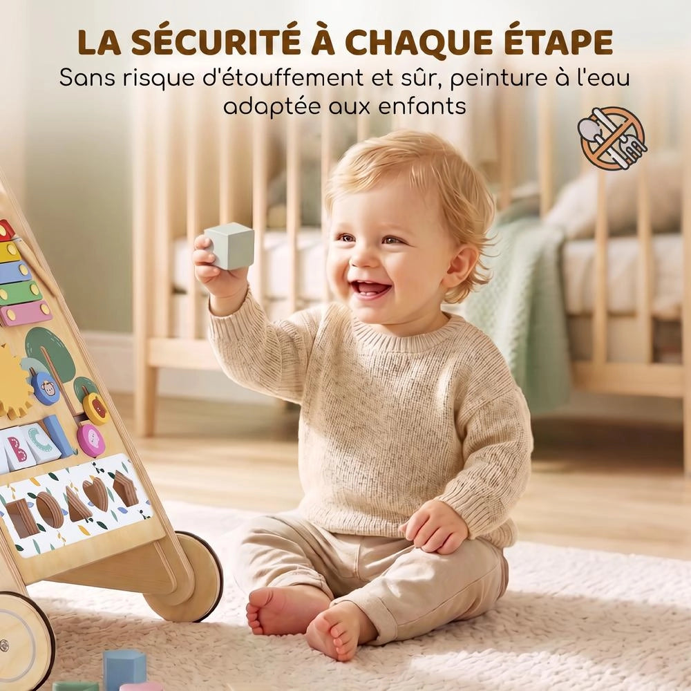 Carrello primi passi in legno naturale per bambini con centro attività e ruote regolabili, robusto e pratico