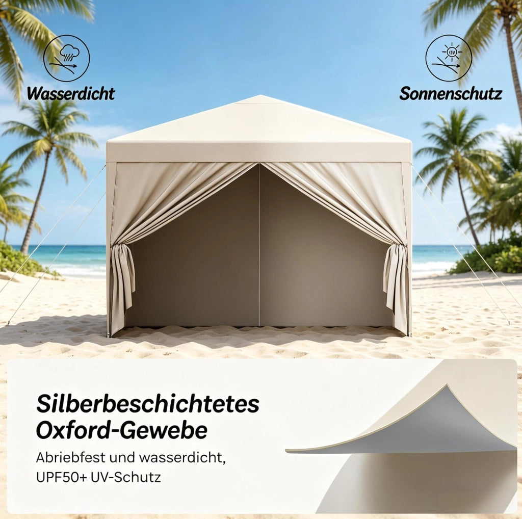 GAZEBO Pieghevole 3 x 3 m Altezza regolabile Beige con pareti laterali