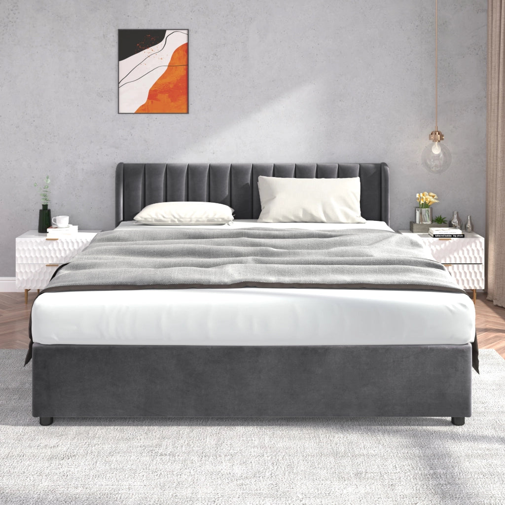 Letto matrimoniale imbottito 180x200 in velluto grigio con rete a doghe e 2 cassetti