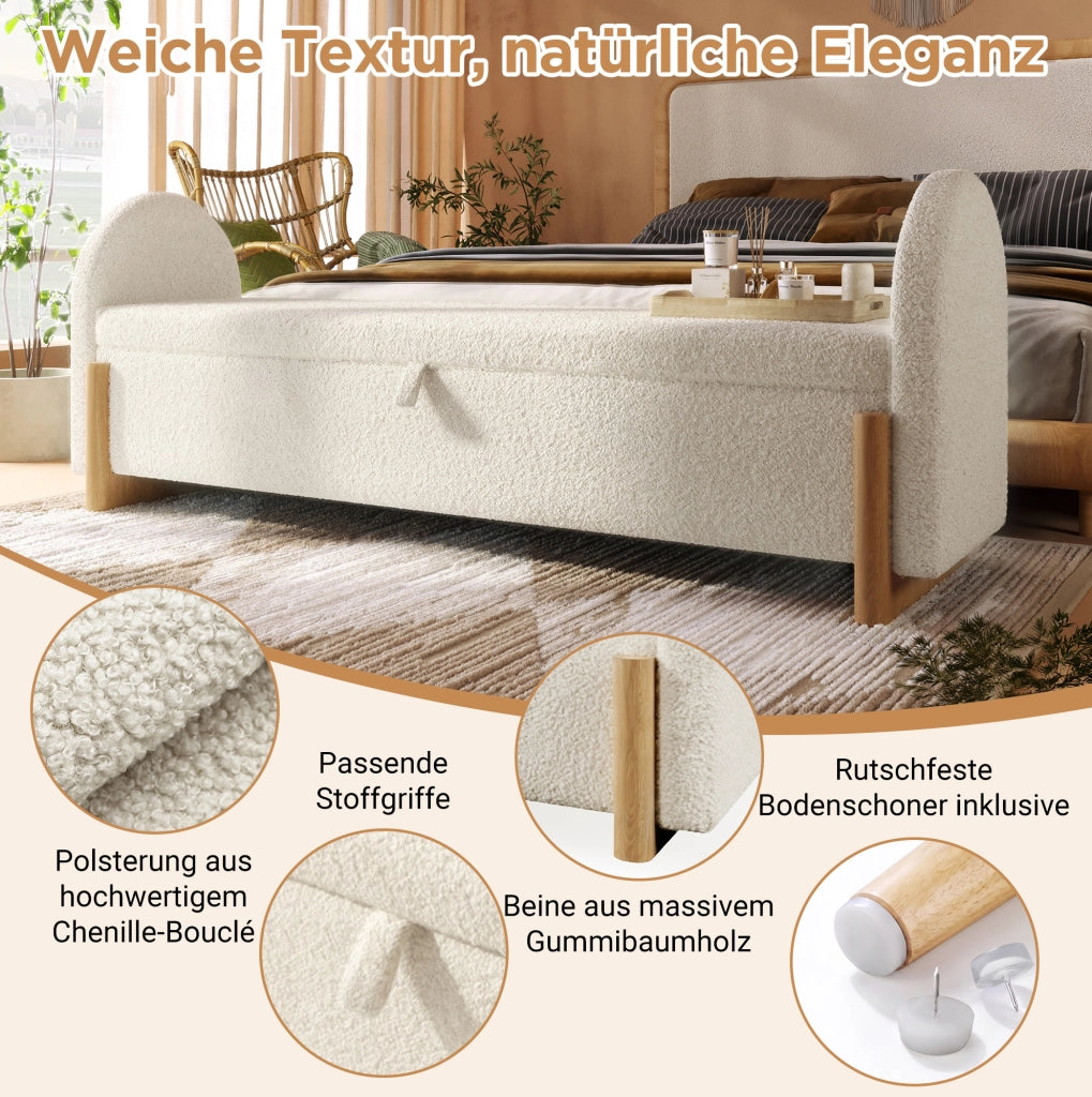Panca contenitore bianca in bouclé 166 cm con apertura idraulica