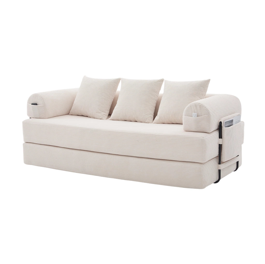 Divano modulare beige in velluto a coste con struttura in metallo e 3 cuscini