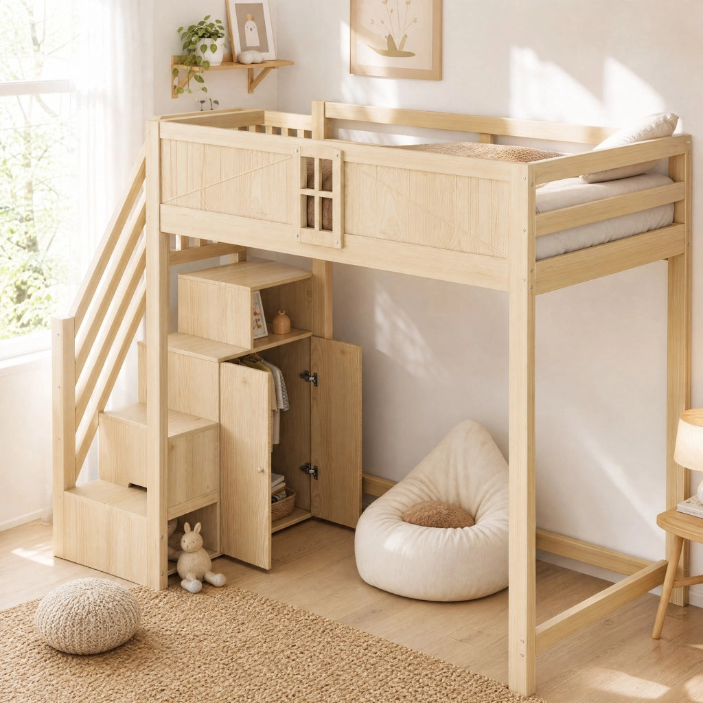 Letto a soppalco in legno massiccio 90 x 200 cm con scala di sicurezza reversibile e spazio multifunzionale