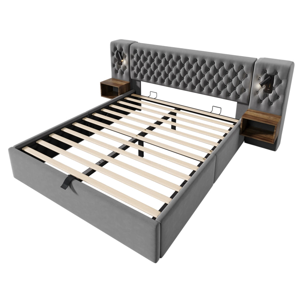 Letto matrimoniale 160x200 cm con contenitore idraulico; velluto grigio; 2 comodini; luci USB e materasso incluso