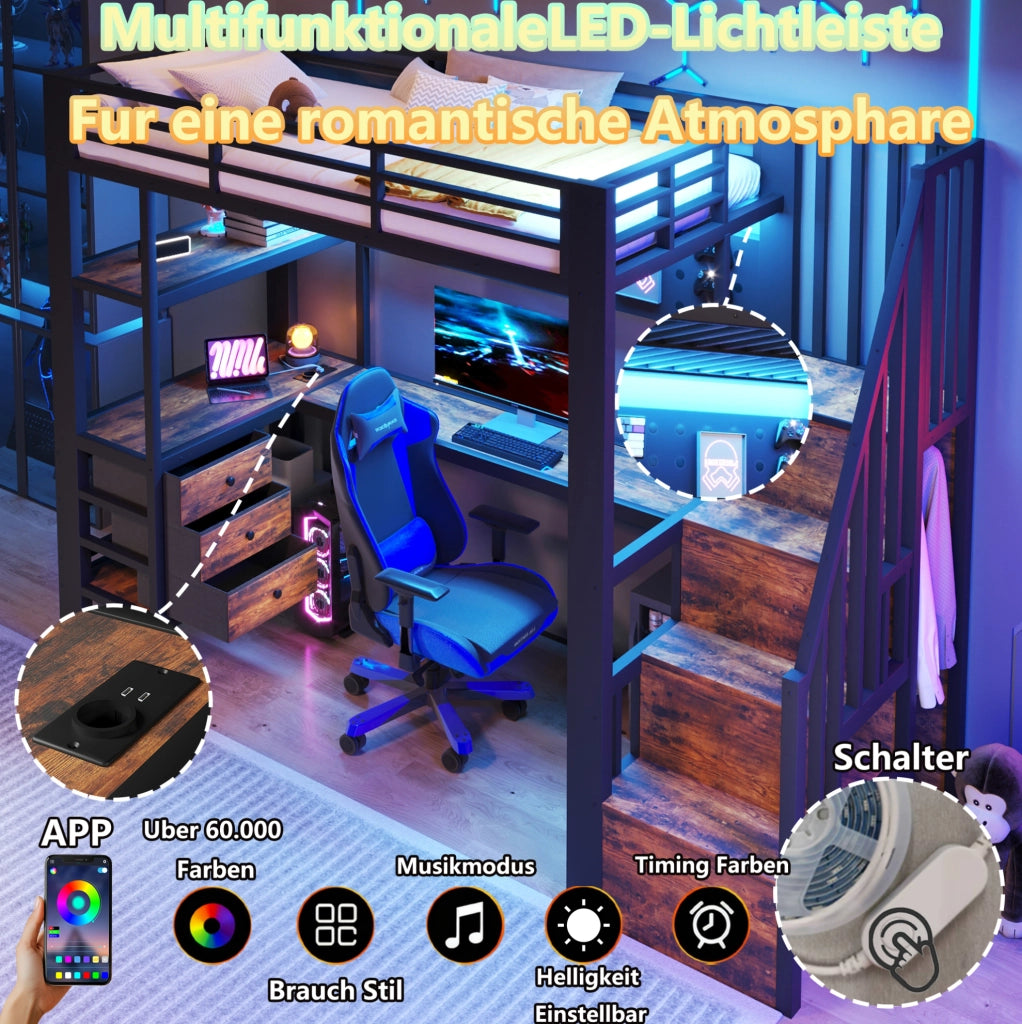 Letto a soppalco 90 × 200 cm con scrivania; 3 cassetti; presa e LED dimmerabile; MDF e metallo nero