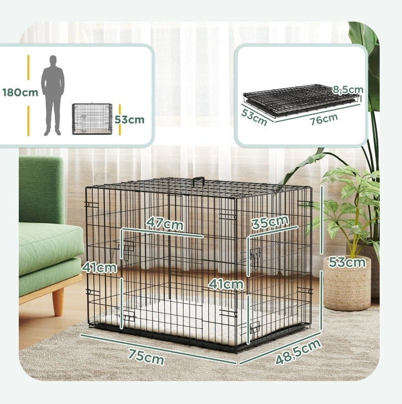 Gabbia pieghevole per cani con 2 porte e cuscino, 75 cm, nera