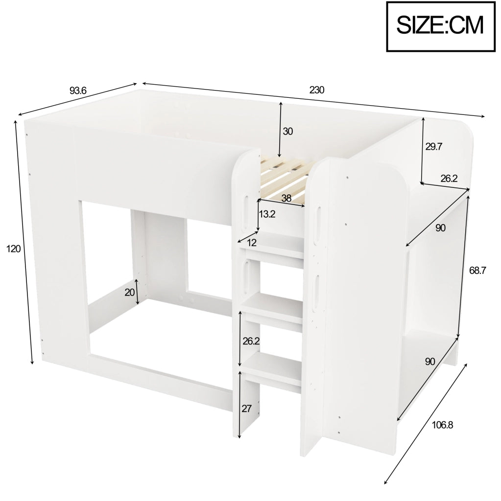 Letto a castello 90x200 cm in compensato e MDF bianco con ripiani laterali
