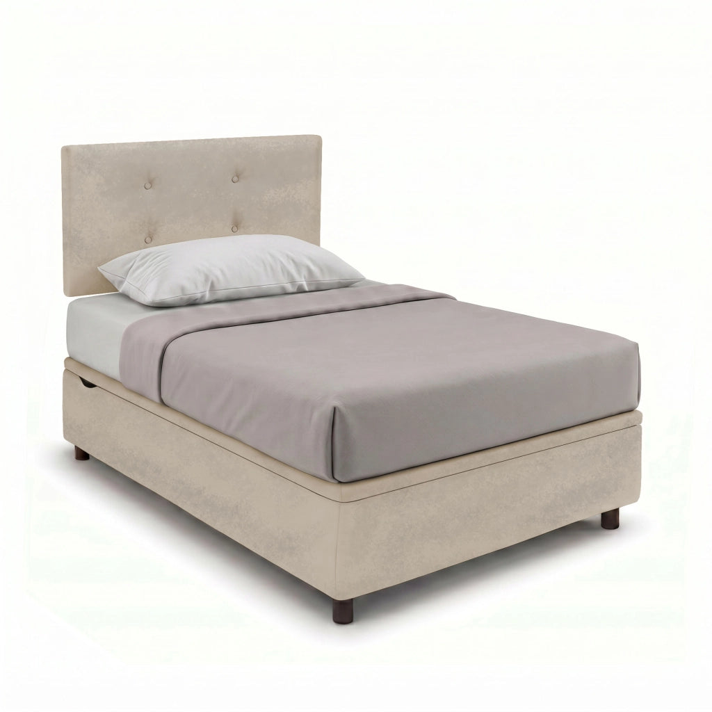 Letto Singolo Contenitore Imbottito 80x190 cm Microfibra Sabbia BoxMax Testata Button