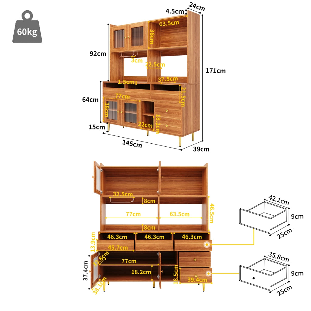 Credenza alta 145 × 39 × 171 cm in MDF marrone noce con porta in vetro scanalato portabottiglie cassetti e ripiani