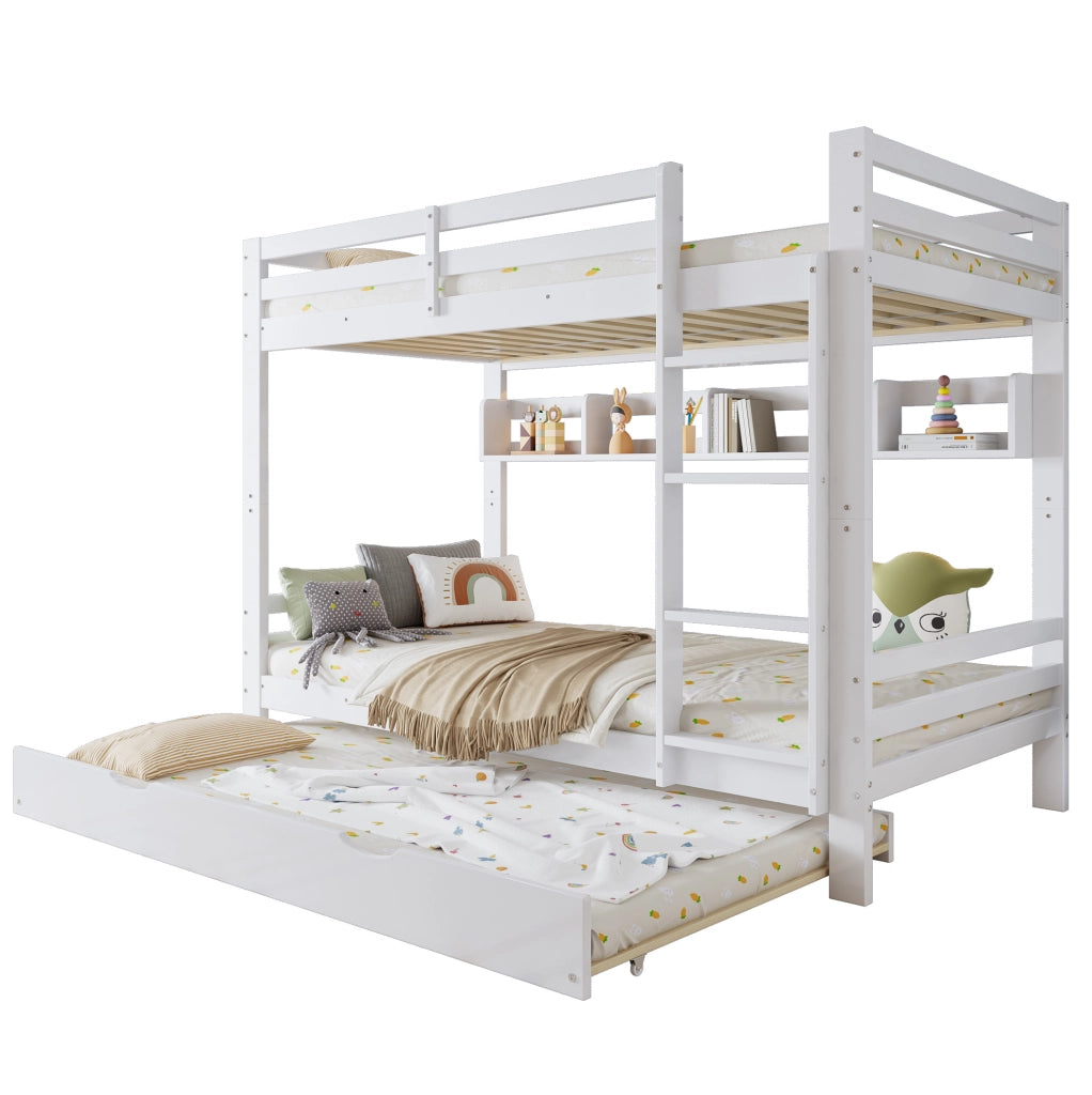 Letto a castello per bambini con letto estraibile; scaffale da 2 metri e scala; bianco; 90x200 cm