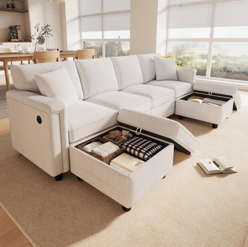 Divano modulare in ciniglia beige 261 × 134 × 82 cm con 2 pouf contenitore