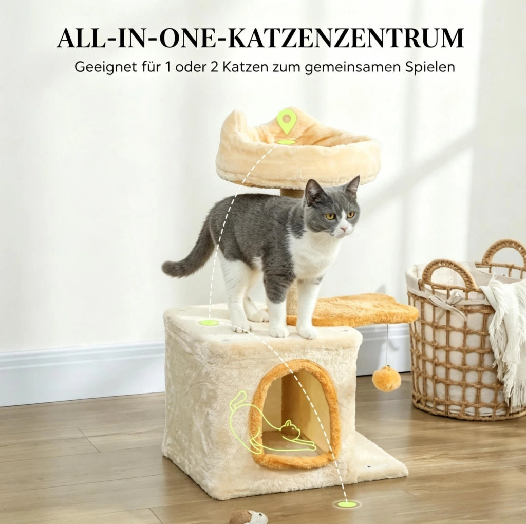 Tiragraffi per gatti alto 72 cm con cuccia, piattaforma a pesce e pallina
