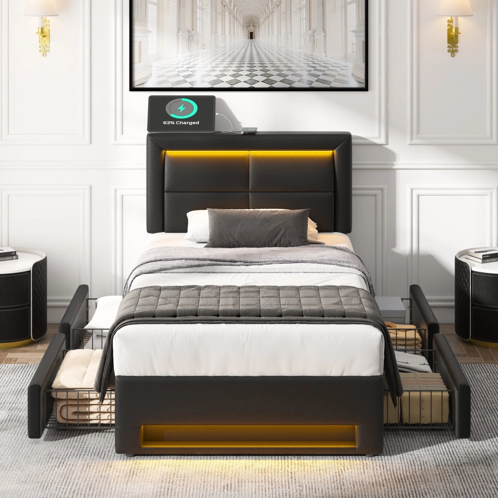 Letto imbottito 90x200 cm con quattro cassetti; LED e USB; PU nero