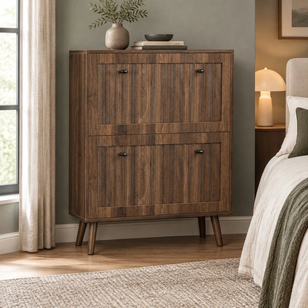 Scarpiera 80 × 24 × 95 cm con 2 ante a ribalta e ripiano aperto in MDF e truciolare color noce con gambe in legno