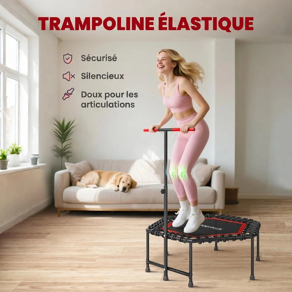 Trampolino fitness 114 cm con maniglia regolabile a 3 altezze e corde elastiche, trampolino elastico silenzioso da interno, rosso