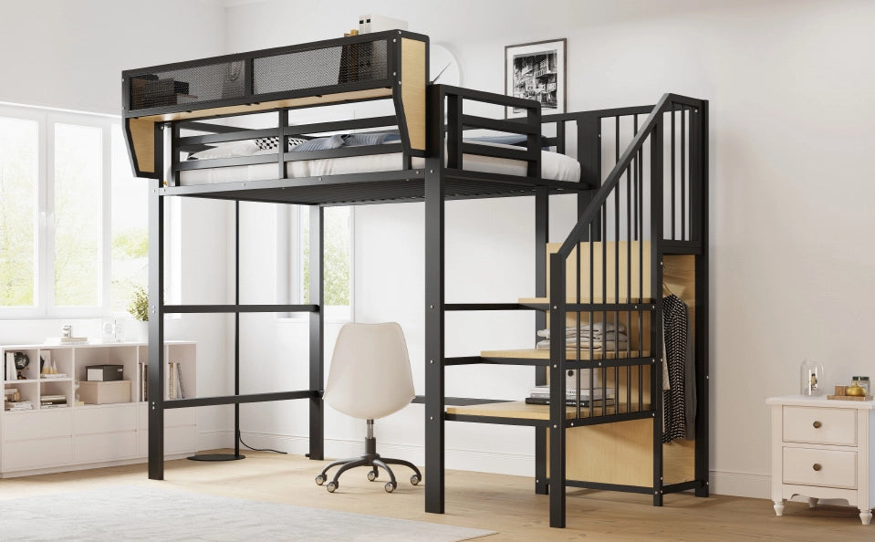 Letto a soppalco in metallo 90x200 cm con scala di sicurezza e ripiano modulabile, colore nero