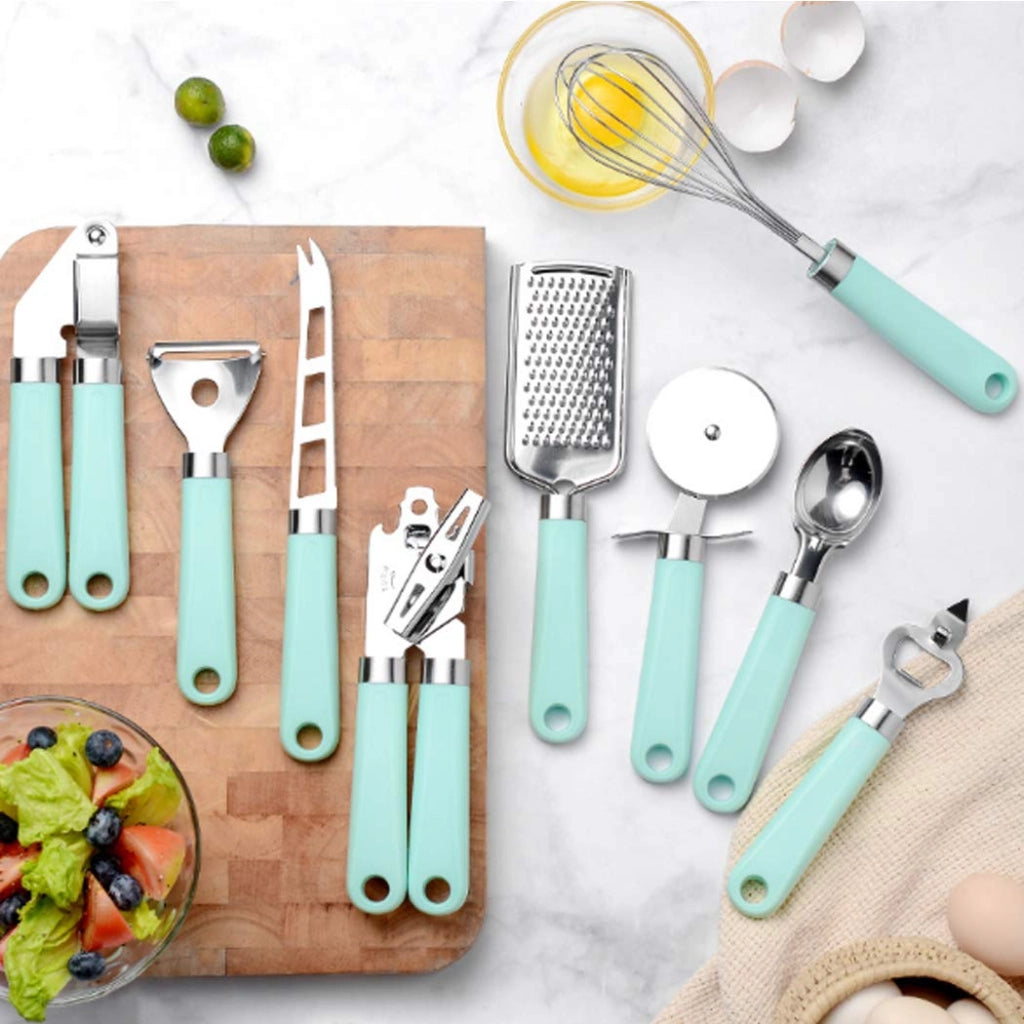 Set di 9 utensili da cucina in acciaio inossidabile, color verde chiaro