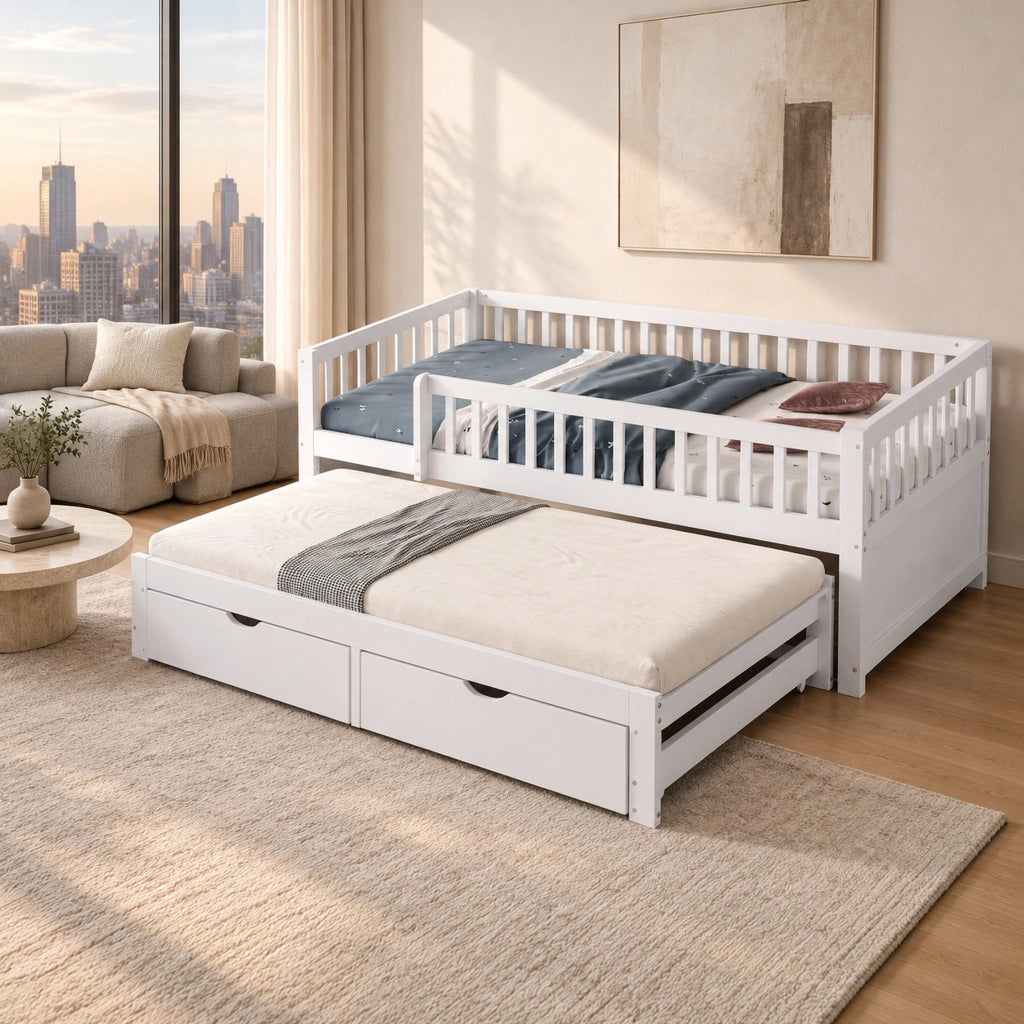 Letto divano 90x200 bianco con estraibile, 2 cassetti e 2 materassi