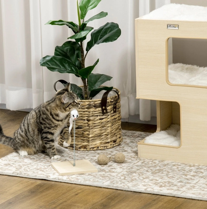 Cuccia per gatto 34 x 34 x 60 cm in legno naturale e grigio chiaro con gioco