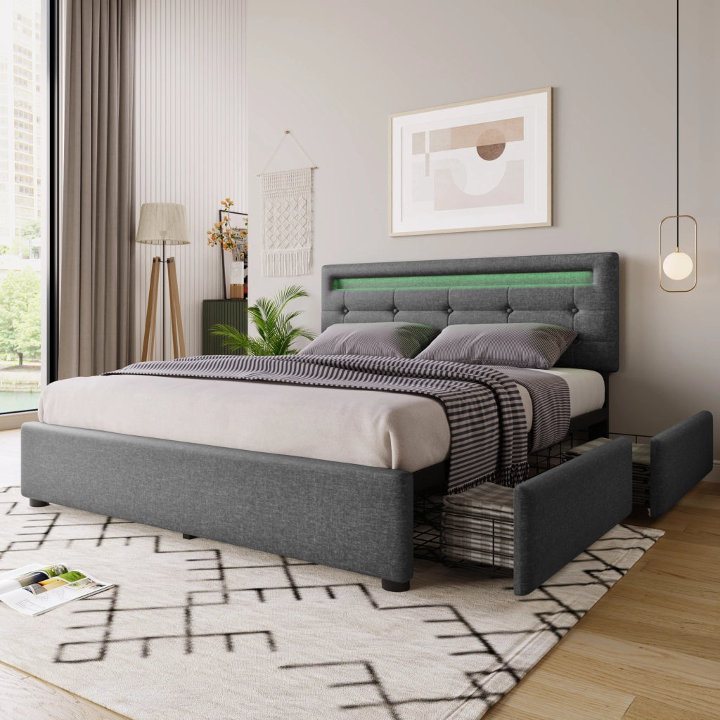 Letto singolo 90 ¡Á 200 cm con 2 cassetti LED testiera regolabile rivestito in lino nero con rete a doghe