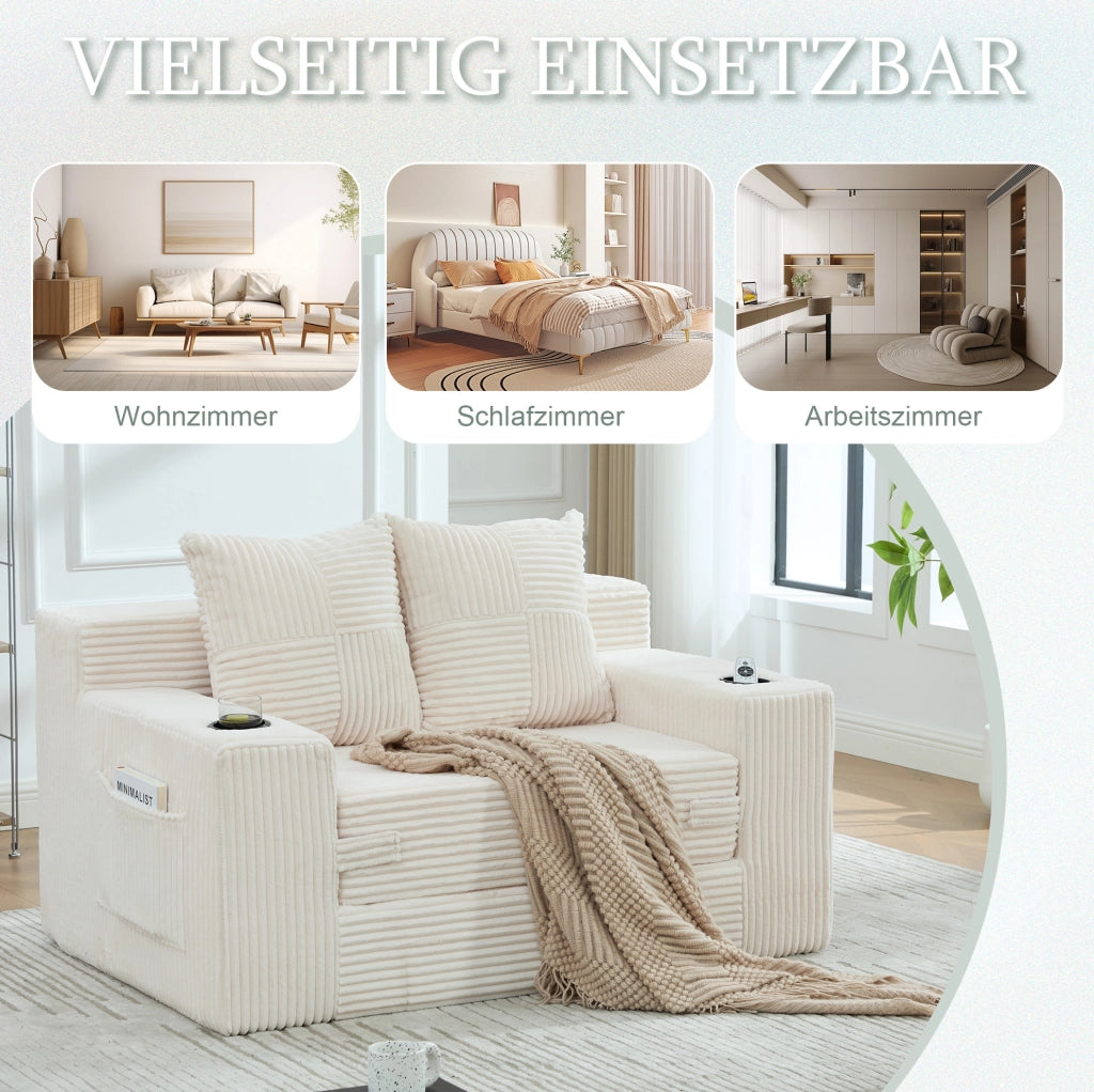 Divano in velluto a coste beige con tasche laterali e due cuscini