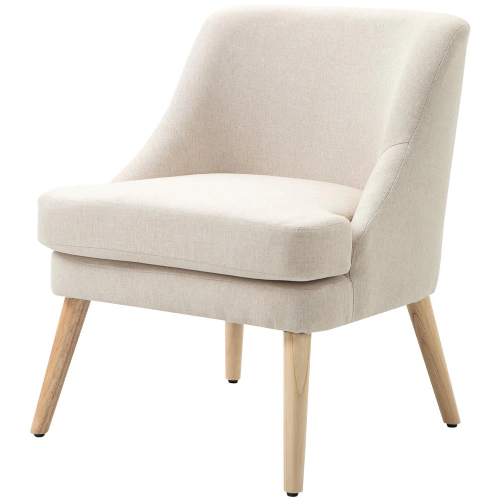 Poltrona Scandinava da Salotto in Tessuto Effetto Lino Beige con Gambe in Legno Massello Poltroncina Ergonomica per Camera da Letto e Soggiorno