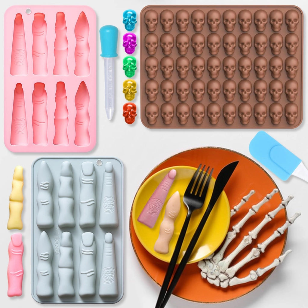 Set di stampi in silicone a tema Halloween: dita e teschi, composto da 9 pezzi