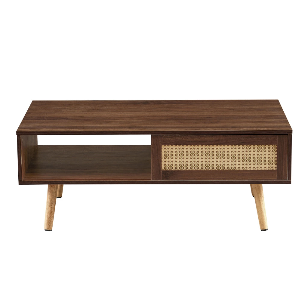 Tavolino da salotto in rattan con ante scorrevoli gambe in legno noce scuro