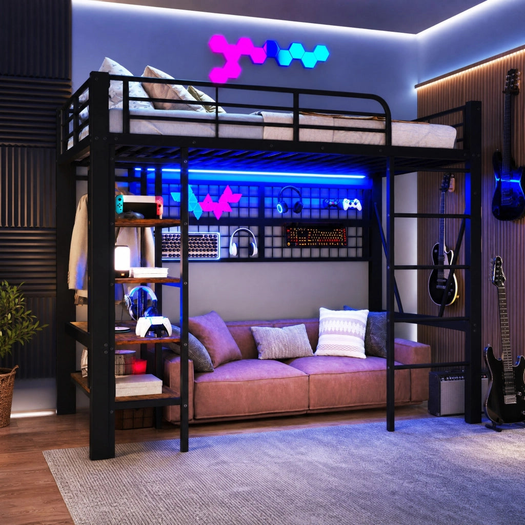 Letto a soppalco 90x200 cm con struttura in ferro, zona sotto letto aperta, ripiano e rete appendiabiti, barra appendiabiti, luce LED integrata, senza materasso, nero