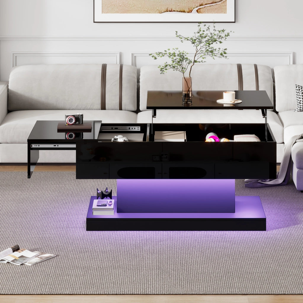 Tavolino elevabile 100x50x45 cm nero con LED e vano contenitore