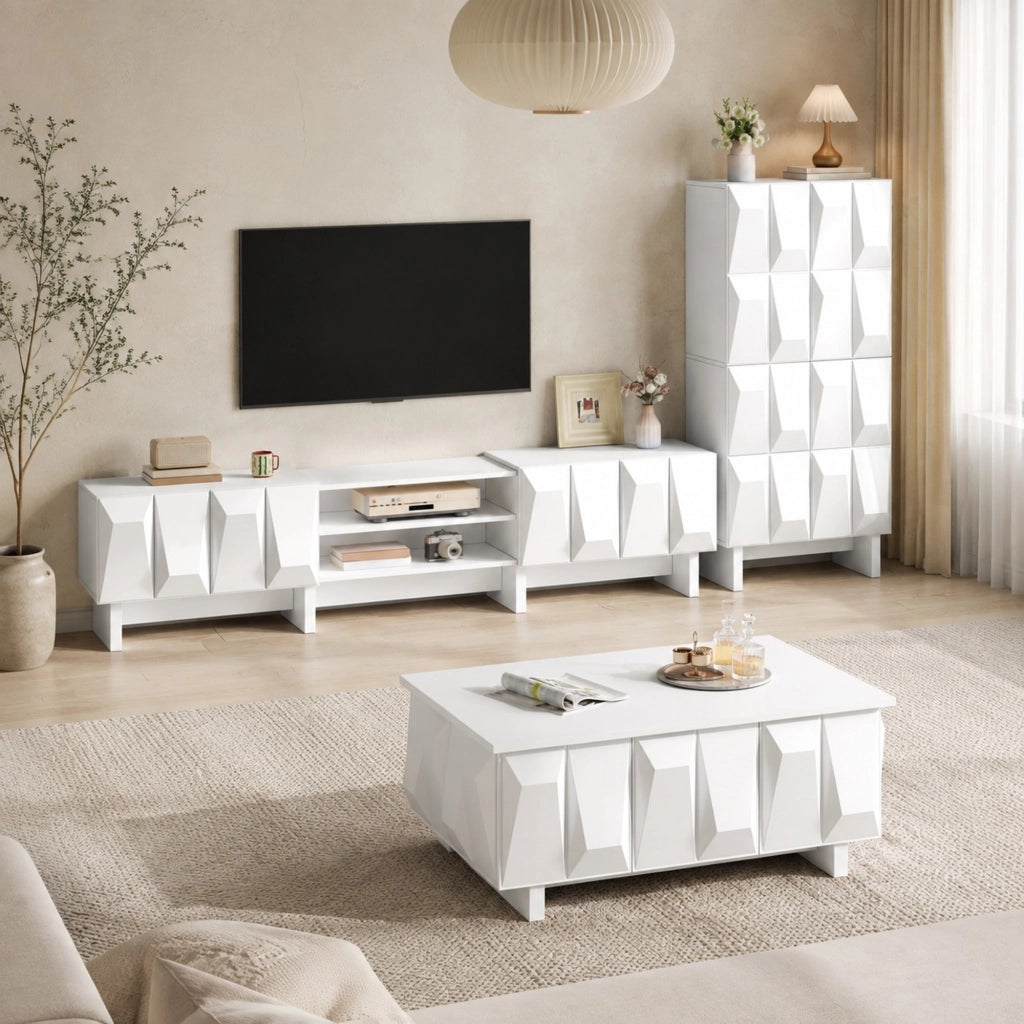 Set di mobili da soggiorno bianco con frontali 3D, 3 pezzi