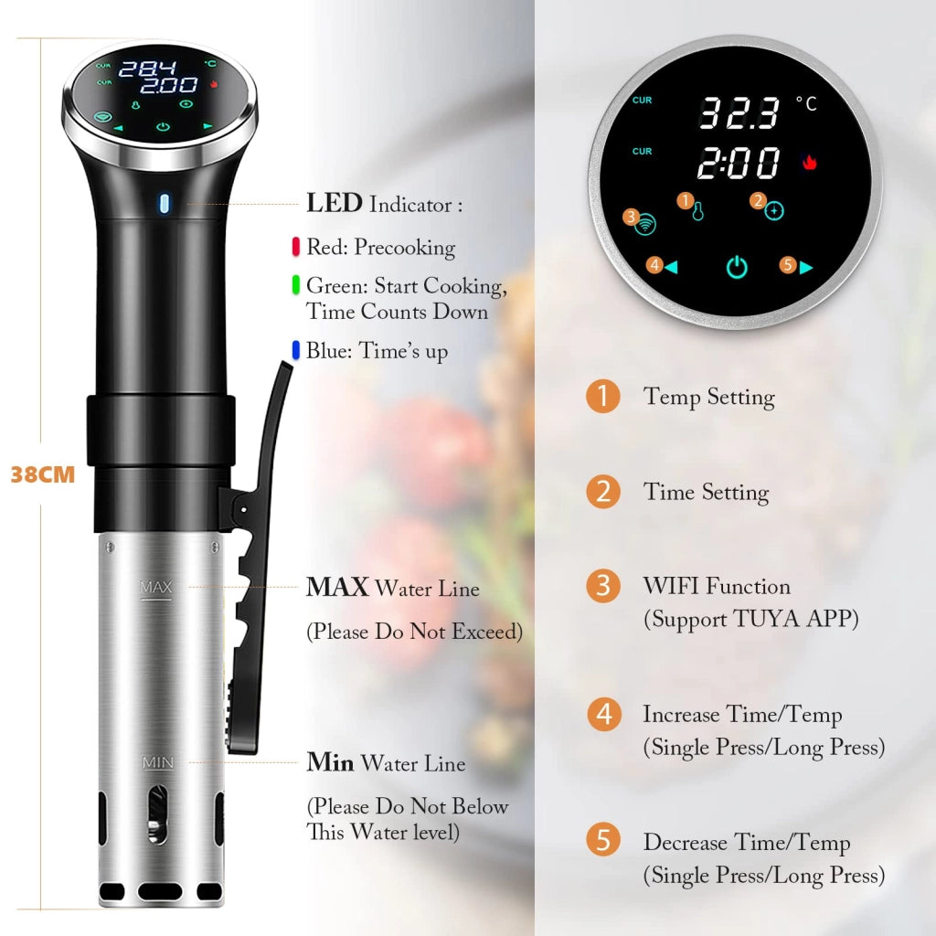 Cuocitore a immersione sottovuoto, 1100 W, con Wi-Fi, temperatura regolabile da 25 a 95 °C, timer e IPX7
