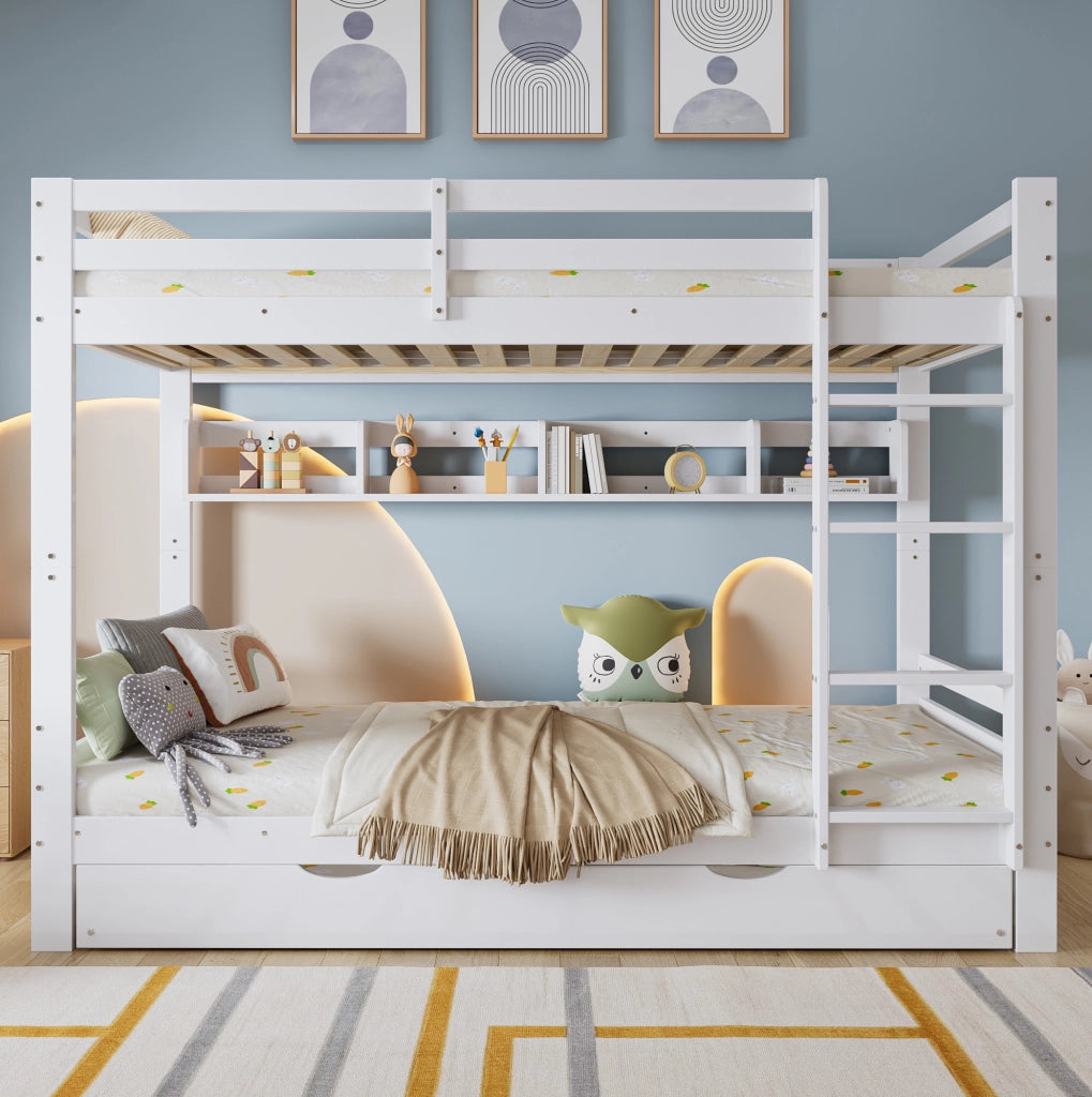 Letto a castello per bambini con letto estraibile; scaffale da 2 metri e scala; bianco; 90x200 cm