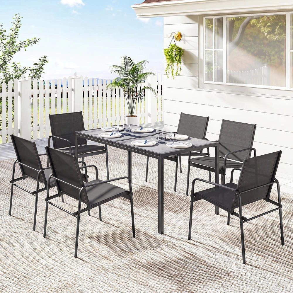 Set da Giardino con Tavolo 150 x 80cm Effetto Legno e 6 Sedie Traspiranti Struttura in Acciaio Robusto Salotto Pranzo Esterno Nero