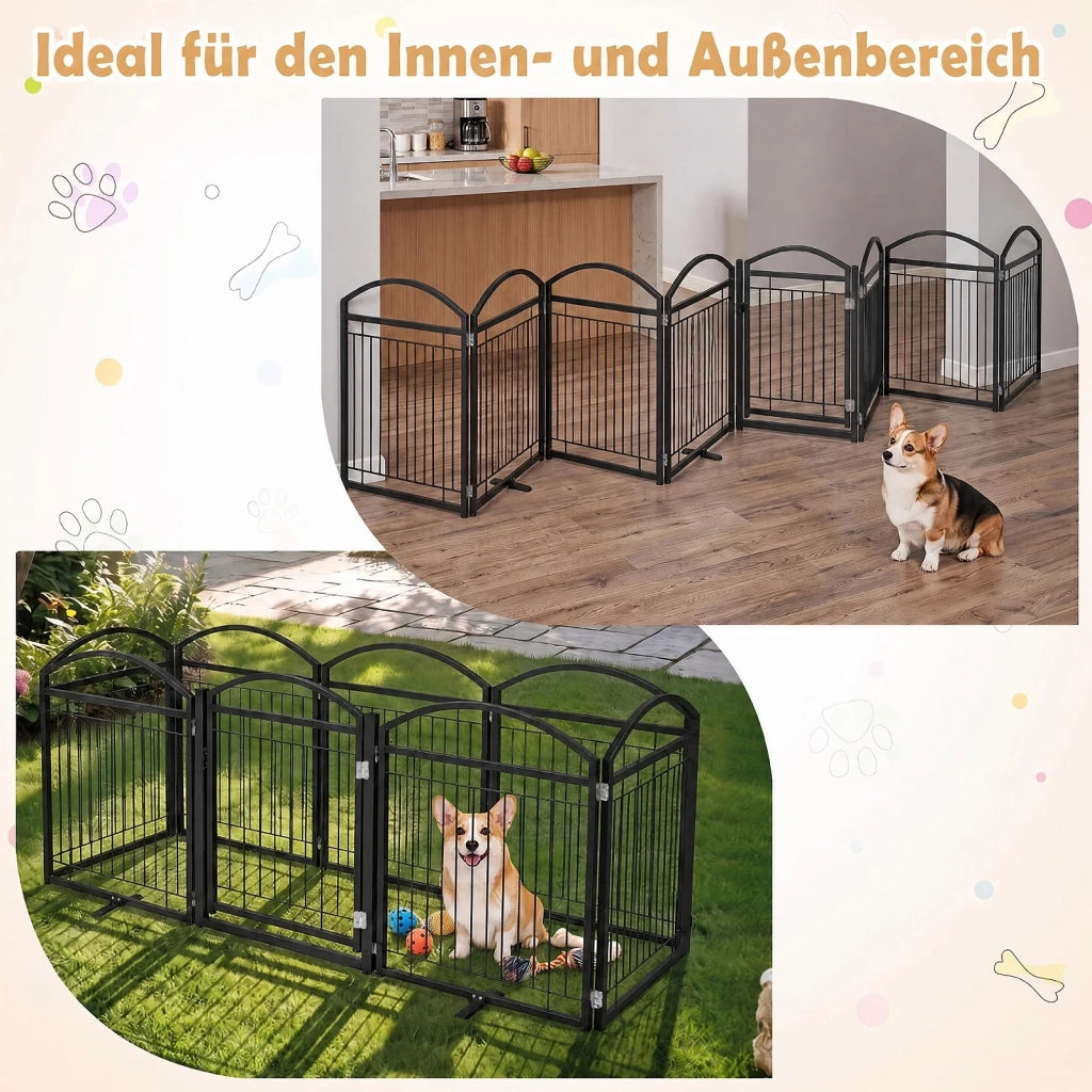 Cancello di Sicurezza per Cani 8 Pannelli in Metallo 480x81cm con Porta Barriera Pieghevole per Casa Nero