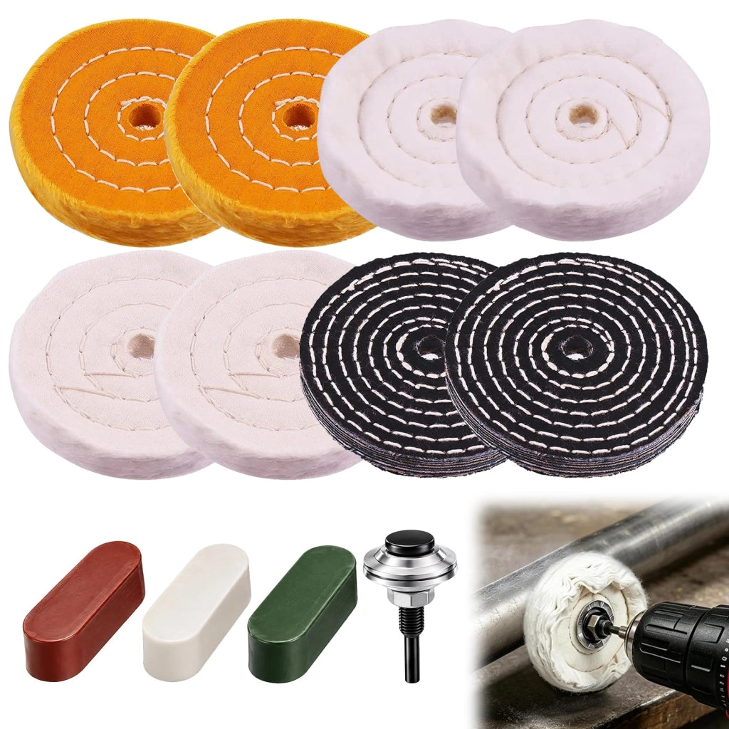 Set di dischi lucidanti da 100 mm, 12 pezzi con 8 dischi lucidanti, 3 paste lucidanti e adattatore da 1/2 pollice | Accessorio per lucidatura per avvitatore a batteria, trapano, lucidatrice | Cotone, flanella