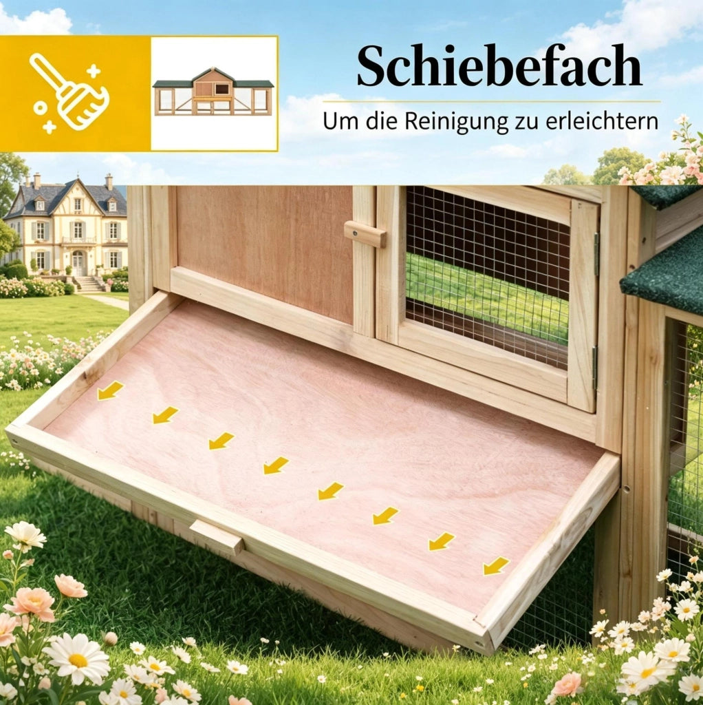 Conigliera da esterno per conigli 210 x 45,5 x 84,5 cm in legno verde, con rampa