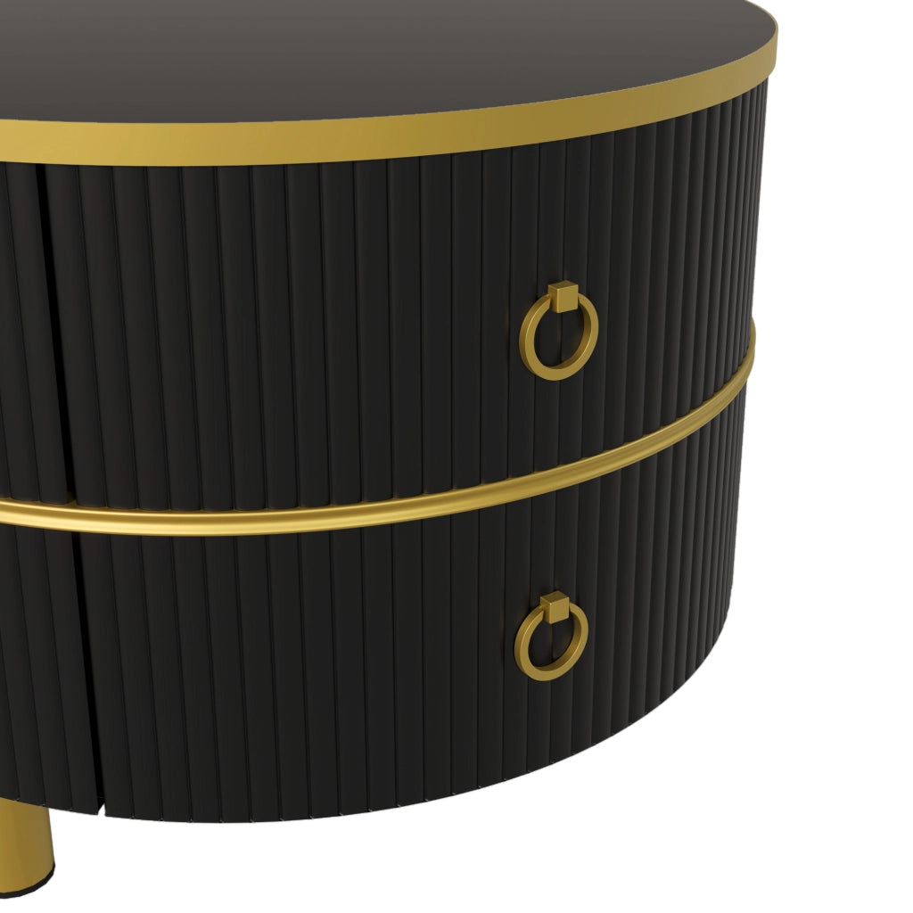 Tavolino da salotto set di 2 rotondi con 2 cassetti in MDF e vetro temprato nero e oro con gambe in metallo