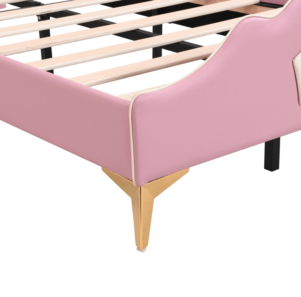 Letto singolo imbottito per bambini 90x200 cm con testiera a corona in PU rosa e bianco