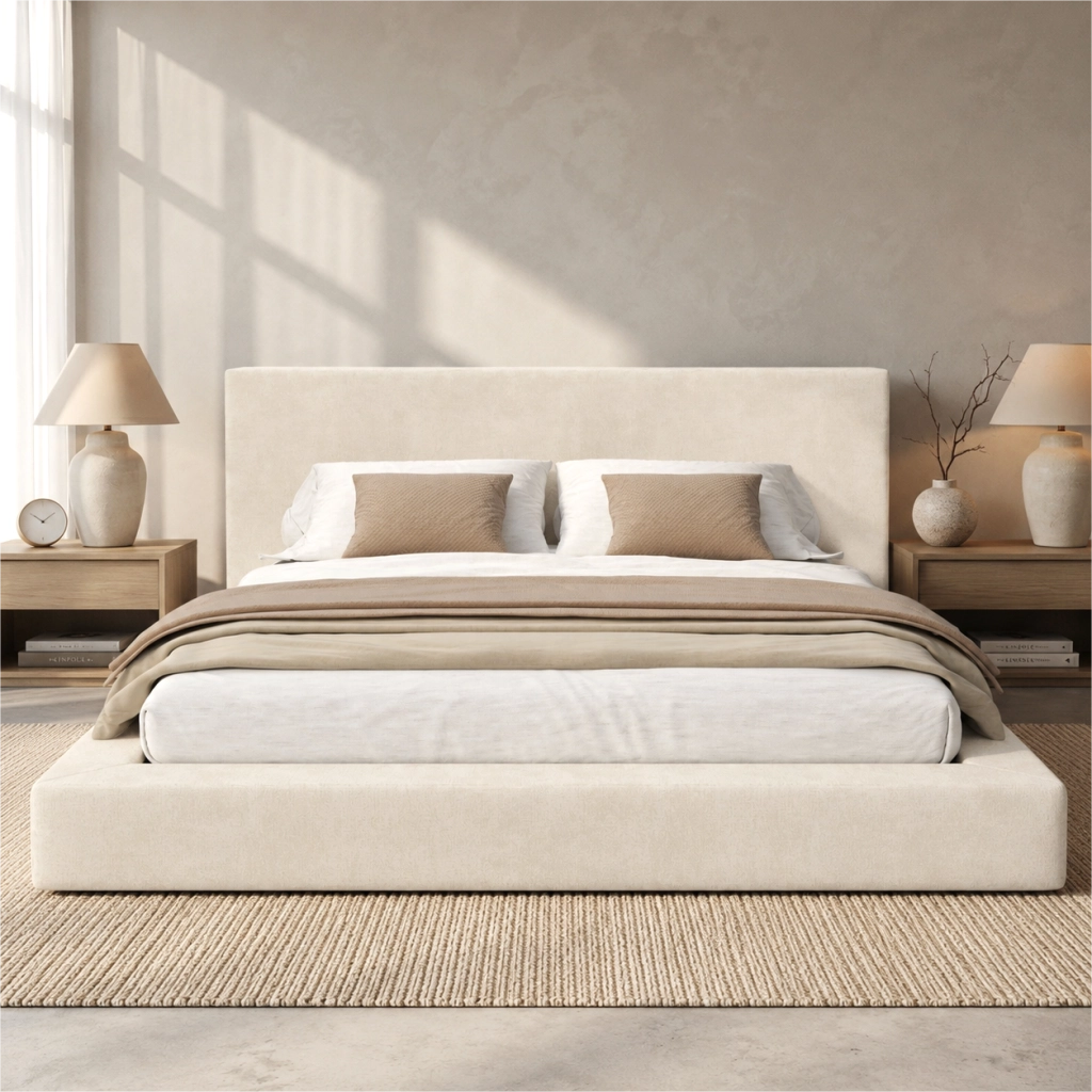Letto Matrimoniale 160 x 200 cm, Rete a Doghe, Testiera Imbottita in Chenille Beige