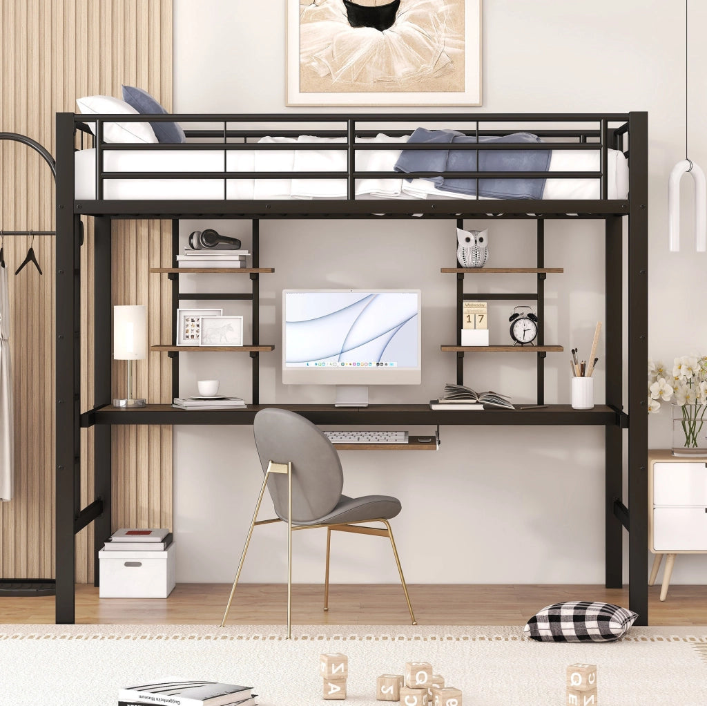 Letto a soppalco in metallo con scrivania e due scaffali, 90x200 cm, nero