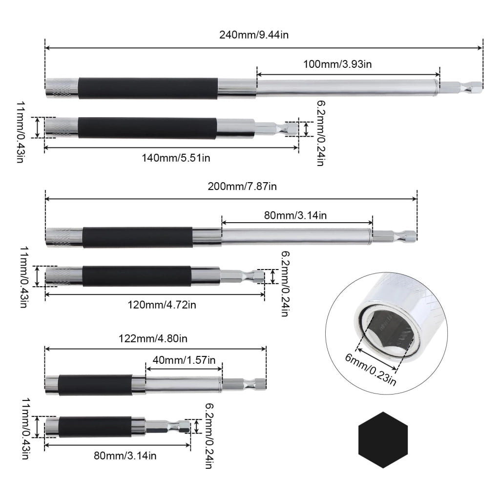 Set da 6 pezzi di prolunghe magnetiche regolabili per portapunte da cacciavite, adattatore per guida di foratura